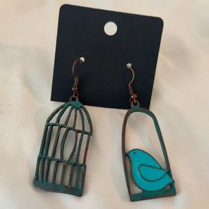 Turquoise Mismatched Bird and Cage Dangle Earrings